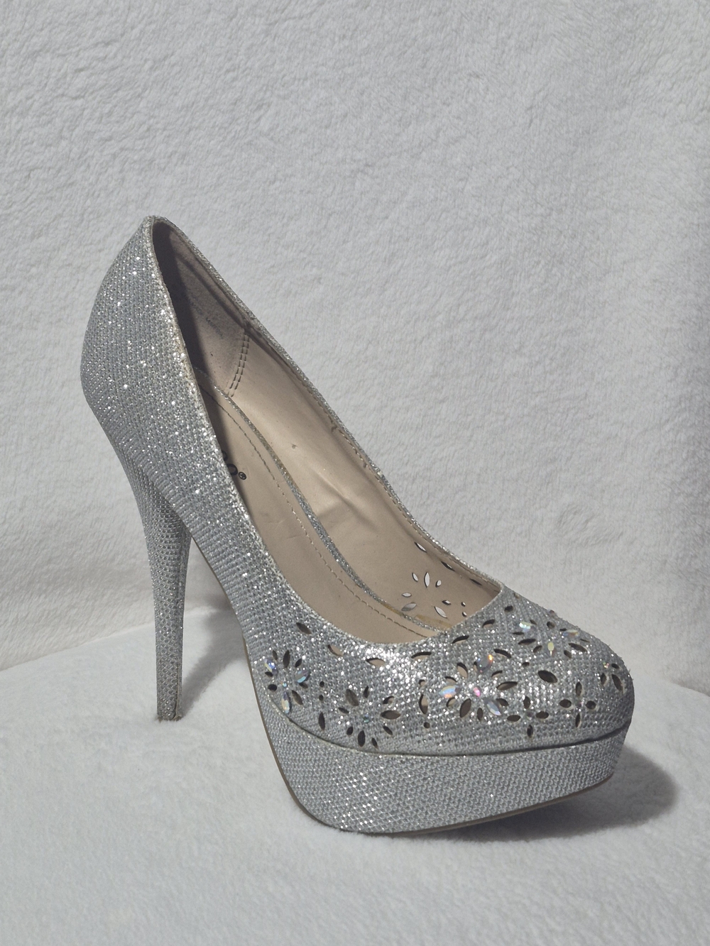 BAMBOO Silver Glitter Platform Pump with Cutout Floral Accents